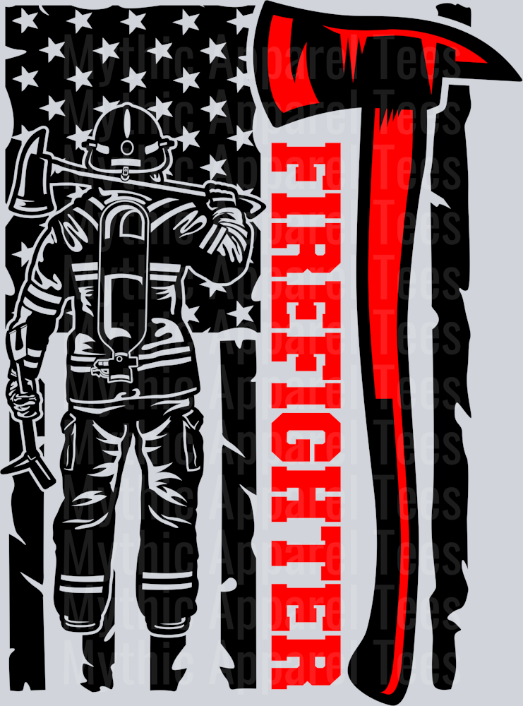 Firefighter and axe with flag DTF Firefighter Transfers