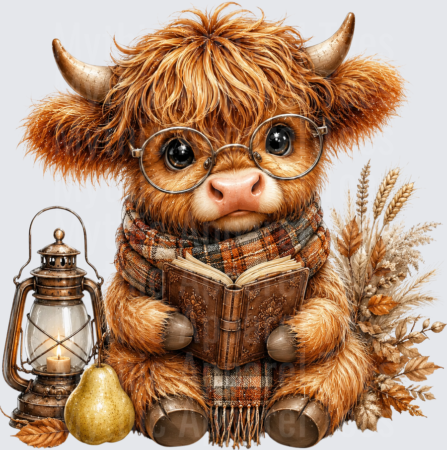 Cute Baby Highland Cow Reading Book with Glasses Plaid Scarf Autumn Lantern and Pear