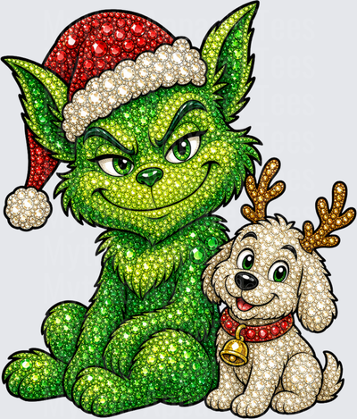 Christmas Bling Grinch and Max the Dog Rhinestone Diamond Art Holiday Santa Hat Reindeer Antlers Sparkle Design