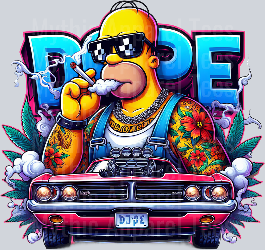 Homer Simpson Hot Rod DOPE Smoking Pop Culture DTF Weed Transfers