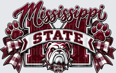 Mississippi State Bulldogs Glitter Maroon Script with Paw Prints and Plaid Bows Fan Design