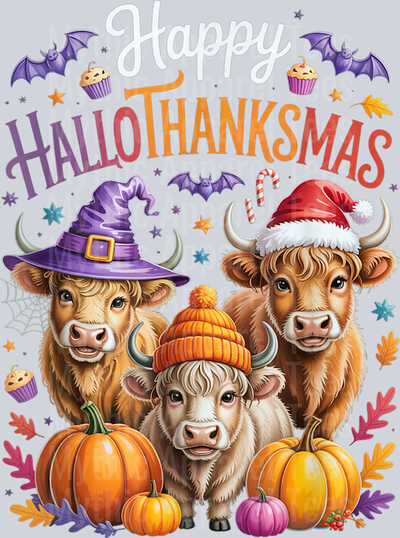 HalloThanksMas Halloween Thanksgiving Christmas Highland Cow T-Shirt (1)