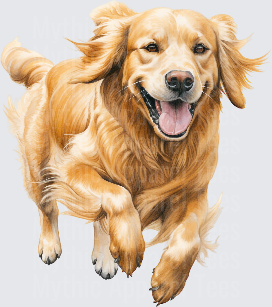 Happy Golden Retriever Running Full Speed Watercolor Illustration