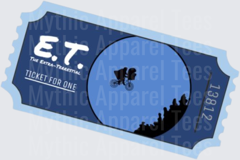 E.T. The Extra-Terrestrial Ticket For One Movie Ticket Design with Iconic Bike Flying Moon Silhouette Scene
