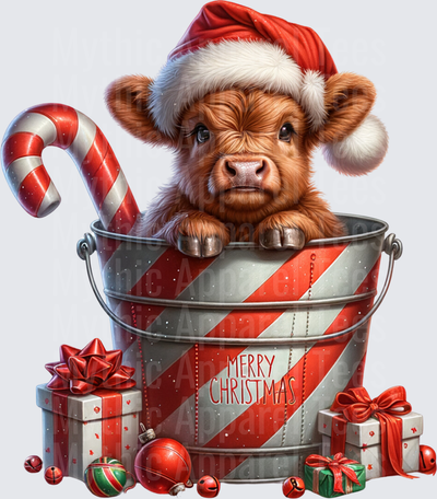 Highland Christmas Cow Santa Hat Candy Cane Bucket Merry Christmas