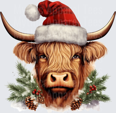 Highland Christmas Cow Santa Hat Pine Boughs Berries