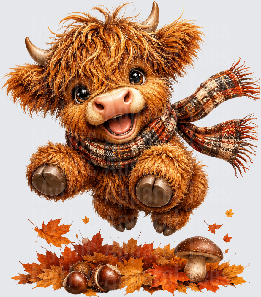 Cute Baby Highland Cow Jumping in Autumn Leaves with Plaid Scarf Mushrooms and Acorns Fall Season