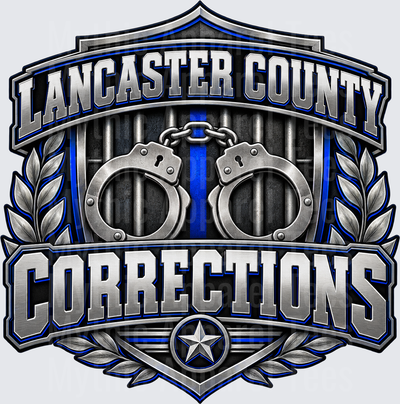 Lancaster County Corrections Thin Blue Line Shield with Handcuffs and Laurel Wreath Badge Design
