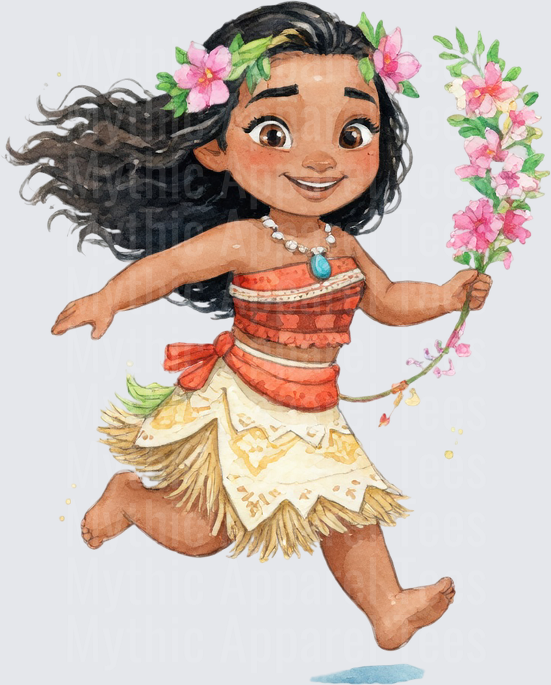 Moana Watercolor Baby Princess Running With Pink Flowers