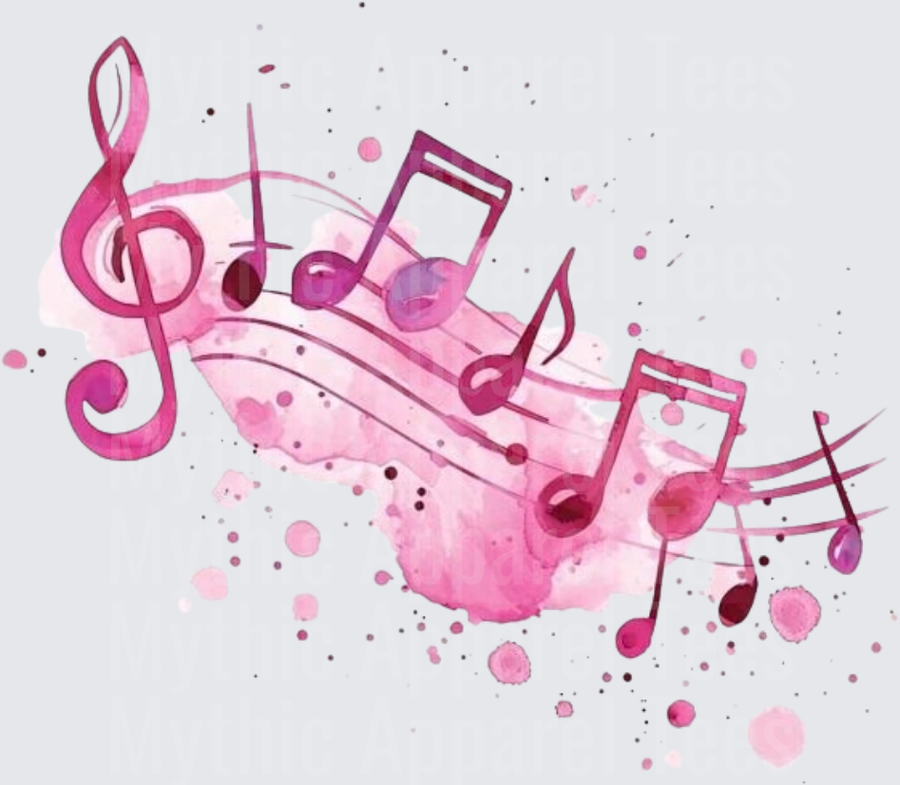 Pink Watercolor Treble Clef and Musical Notes Flowing Staff Splatter