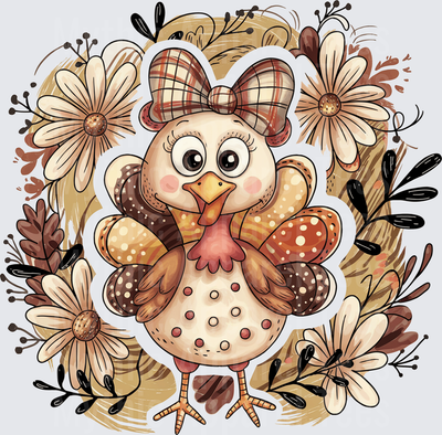 Fall Designs Cute Girl Turkey With Plaid Bow Surrounded By Autumn Daisy Flowers And Foliage