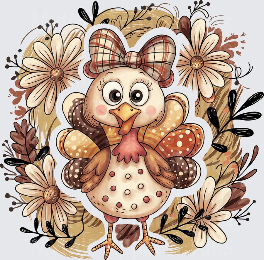 Fall Designs Cute Girl Turkey With Plaid Bow Surrounded By Autumn Daisy Flowers And Foliage