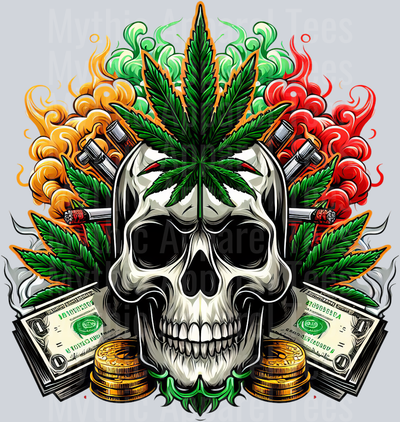 Skull with Marijuana plant and money floral colors weed plant DTF Weed Transfers