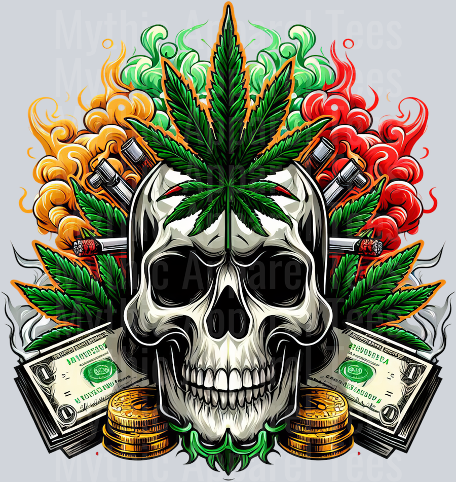 Skull with Marijuana plant and money floral colors weed plant DTF Weed Transfers
