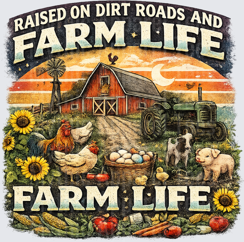 Farm Life Raised on Dirt Roads Red Barn Vintage Sunset