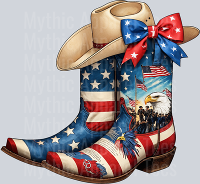 Cowgirl Boots Hat and Bow Red White and Blue DTF Western Patriotic Transfers