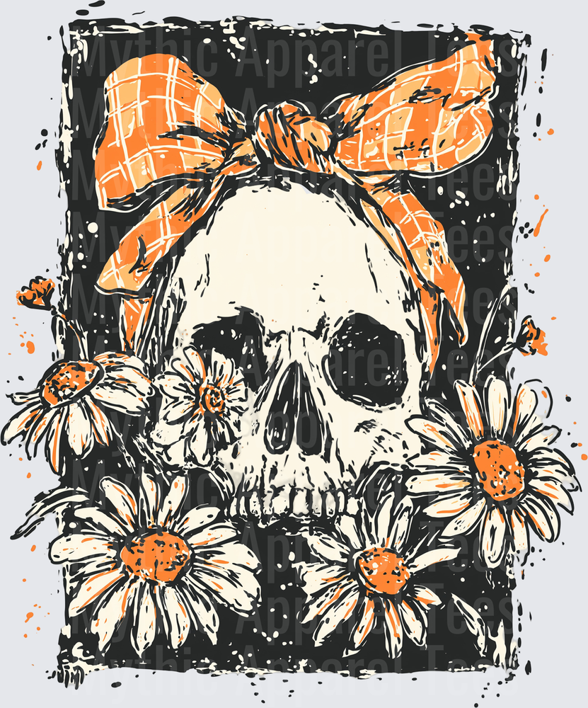 Distressed Halloween Skull with Orange Plaid Bow and Daisy Flowers Grunge Dark Background