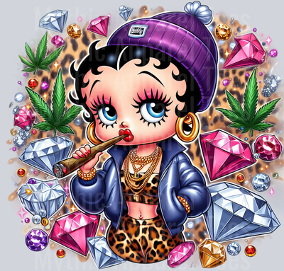 Betty Boop Cheeta Print Jewels Smoking Weed DTF Weed Transfers