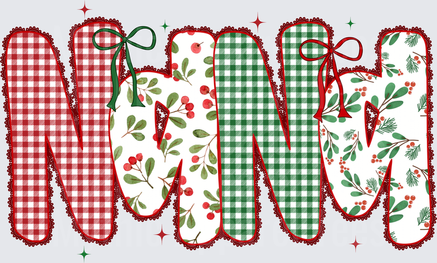 Christmas Holiday NANA Applique Letters with Red Buffalo Plaid Green Gingham Holly Berry and Pine Sprigs with Festive Bows and Sparkle Stars