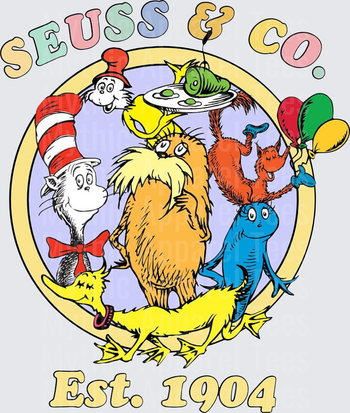 Seuss & Co Est 1904 Cat in the Hat Lorax Thing One Thing Two Sam-I-Am Dr. Seuss Characters Circle Logo Design