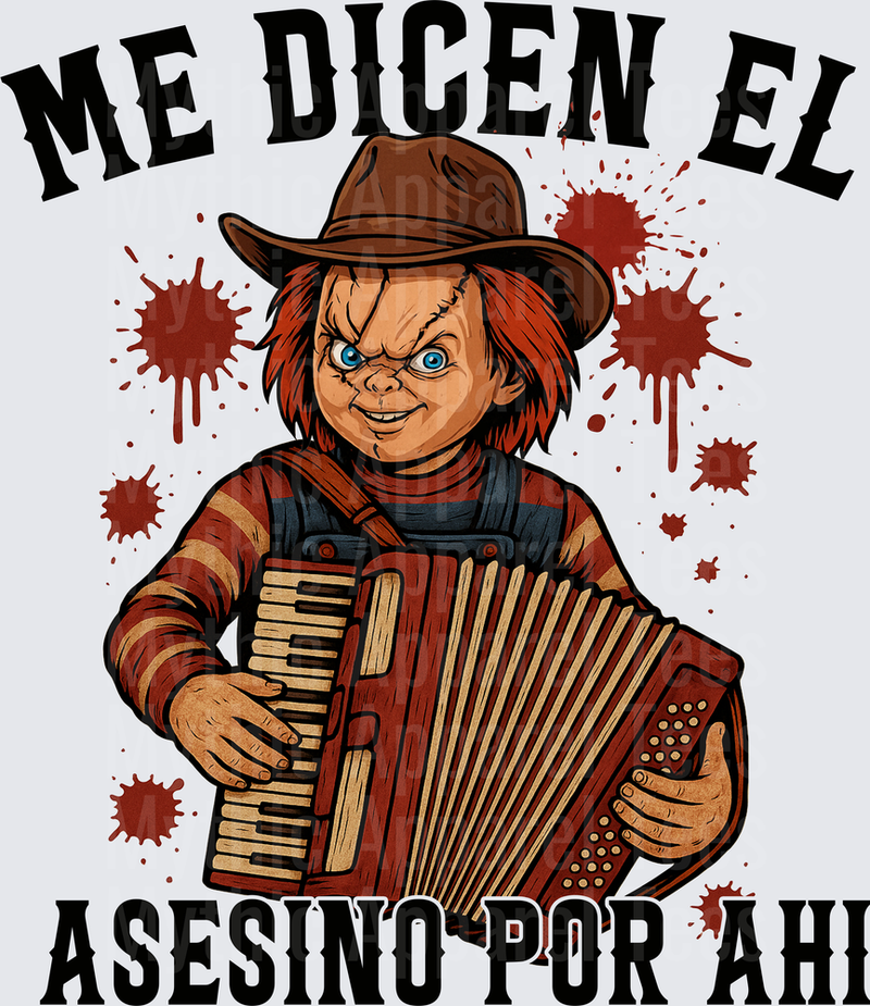Chucky Doll Playing Accordion Cowboy Hat Blood Splatter Me Dicen El Asesino Por Ahi Spanish Horror Norteño