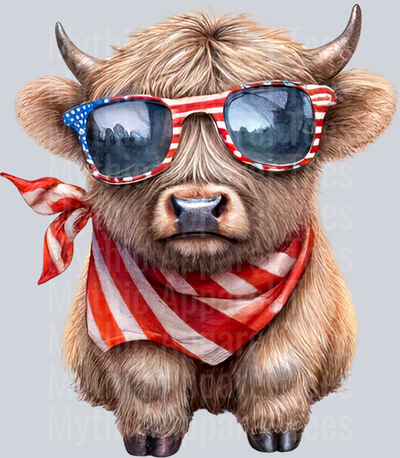 Watercolor Patriotic Highland Cow 18 DTF Patriotic Highland Cow Transfers