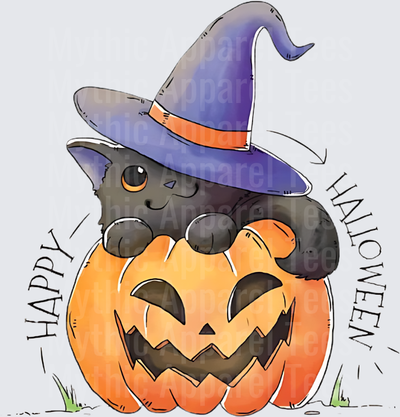 Cute Black Witch Cat Sitting in Jack-O-Lantern Happy Halloween