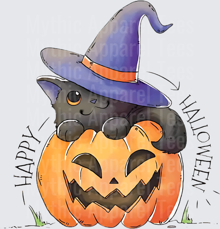 Cute Black Witch Cat Sitting in Jack-O-Lantern Happy Halloween
