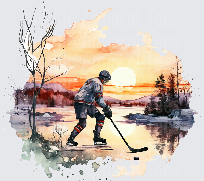 Ice Hockey Player on Frozen Lake Watercolor Sunset Scene