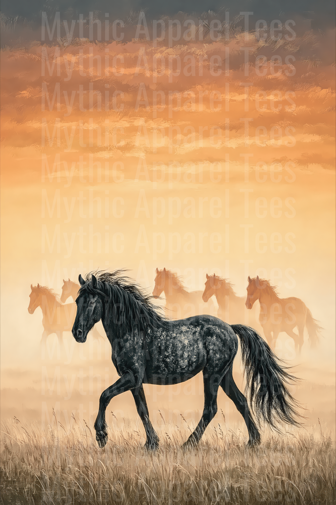 Majestic Black Stallion Leading Wild Herd Through Golden Sunset Prairie
