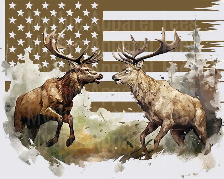 Two Bull Elk Sparring Watercolor with Distressed American Flag Background