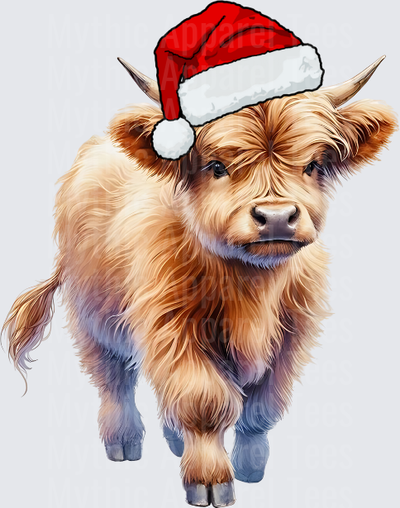 Highland Christmas Cow Baby Calf in Santa Hat