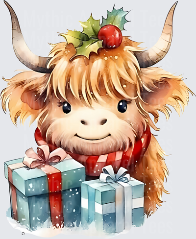 Highland Christmas Cow Watercolor Holly Scarf Gift Boxes