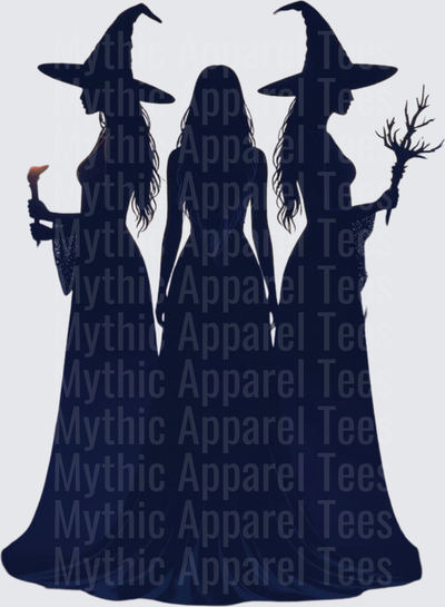 Three Witch Silhouettes Coven Dark Navy Sisters with Pointed Hats Torch and Gnarled Staff