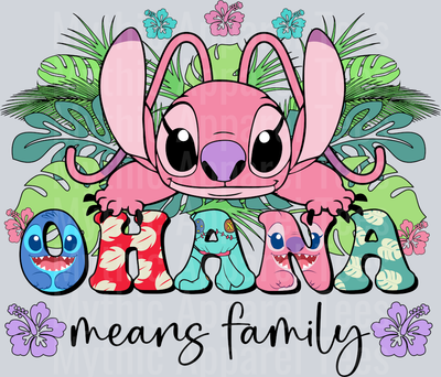 Ohana Means Family Purple Flowers Angel DTF Lilo and Stitch Transfers
