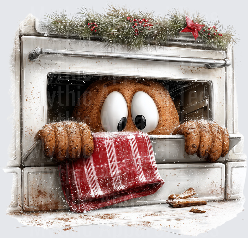 Funny Cartoon Gingerbread Man Peeking Out Of Christmas Oven With Red Plaid Kitchen Towel And Holiday Garland