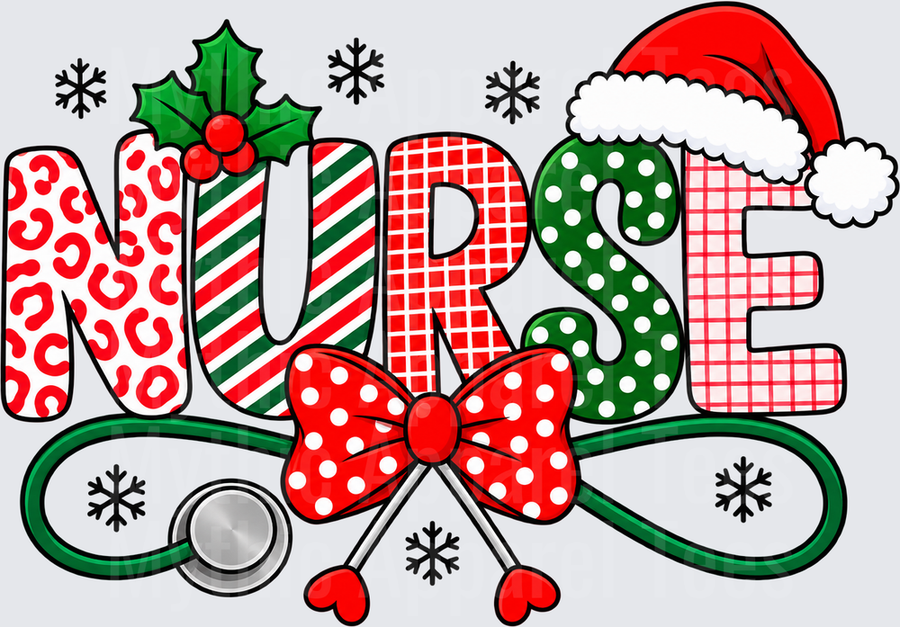 Christmas Nurse Patterned Letter Design with Santa Hat Holly Stethoscope Polka Dot Bow and Snowflakes