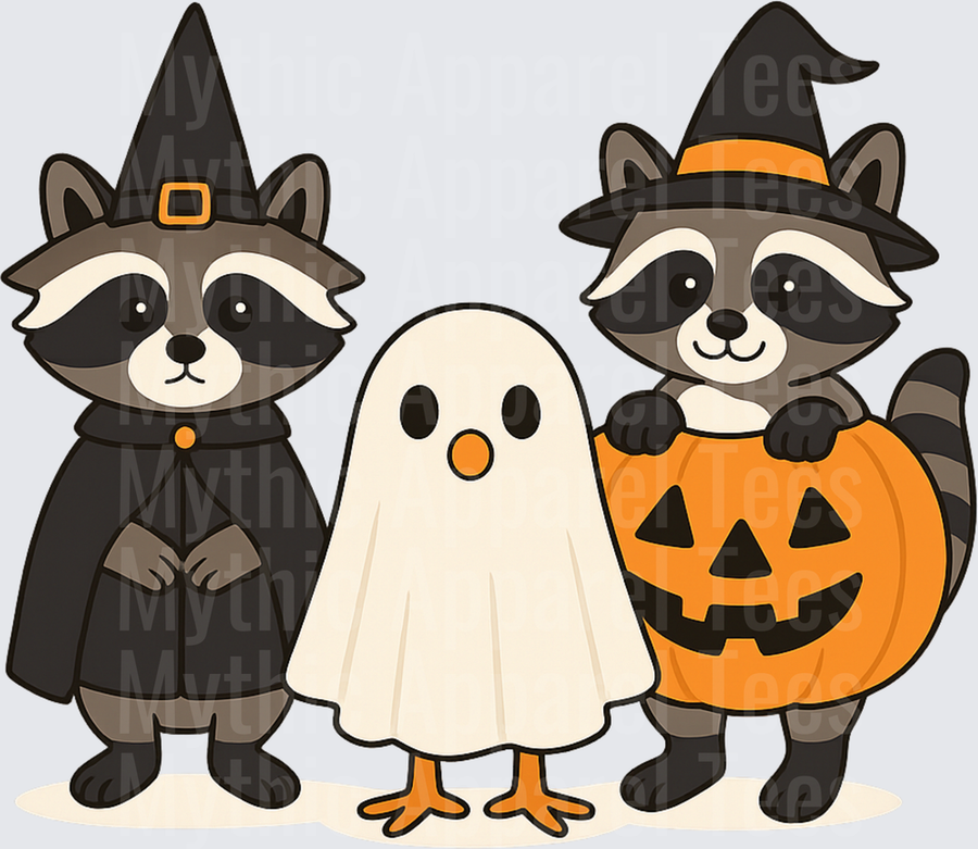Cute Halloween Raccoons and Ghost Chick Trio Witch Costume Jack-O-Lantern