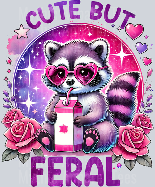 Cute but feral racoon with drink box DTF Racoon Transfers