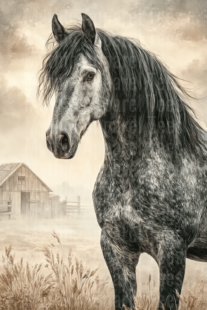 Majestic Dapple Gray Horse Portrait with Rustic Barn and Misty Farmland Background Vintage Sepia Sketch Style