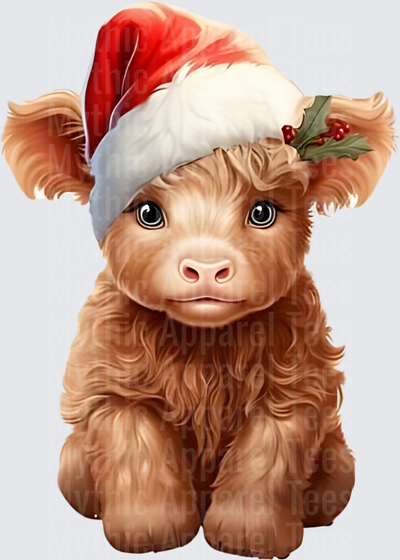 Highland Christmas Cow Baby Calf Santa Hat Holly Berry