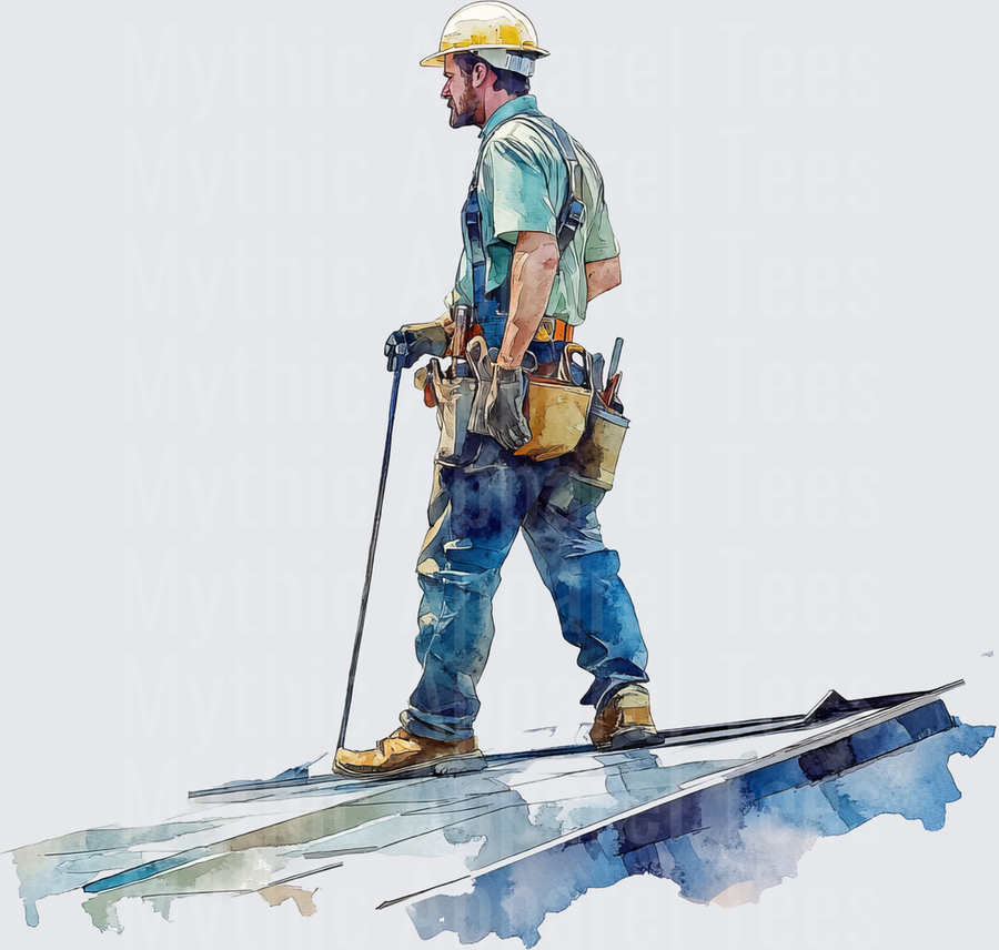 Watercolor Roofer Walking Rooftop with Tool Belt and Hard Hat