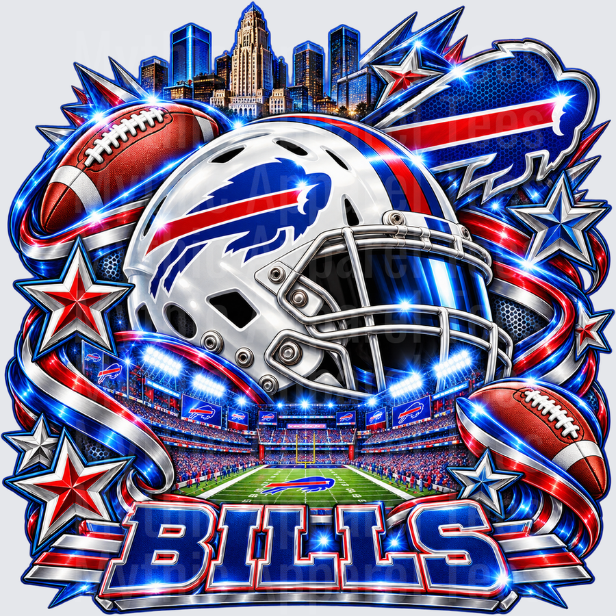 Football Buffalo Bills Helmet Stadium Skyline Red White Blue Stars Glowing Fan Design