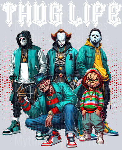 White Pointy Letters Cartoon THUG LIFE Freddy Krueger Jason Vorhees Michael Myers Pennywise Frankenstein Gangster Pose Horror Movie DTF Thug Life Transfers