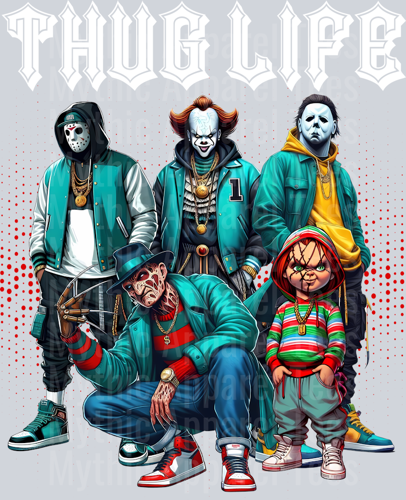 White Pointy Letters Cartoon THUG LIFE Freddy Krueger Jason Vorhees Michael Myers Pennywise Frankenstein Gangster Pose Horror Movie DTF Thug Life Transfers