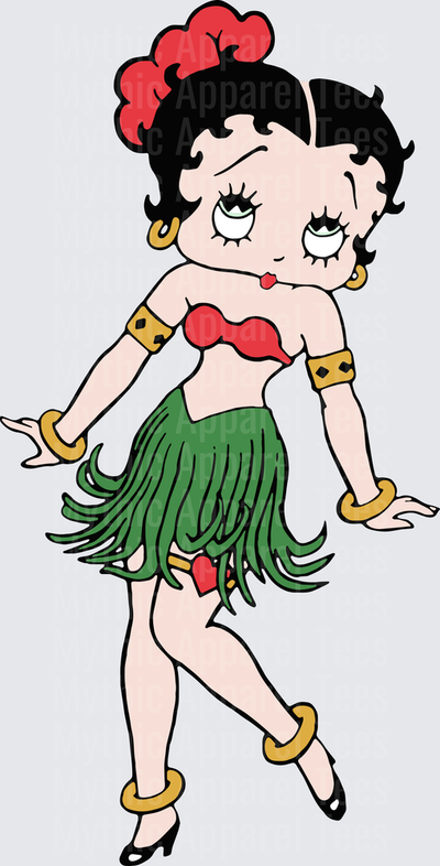 Betty Boop Hula Dancer Green Grass Skirt Red Bikini Top Gold Bangles Tropical Hawaiian Dancing Pose