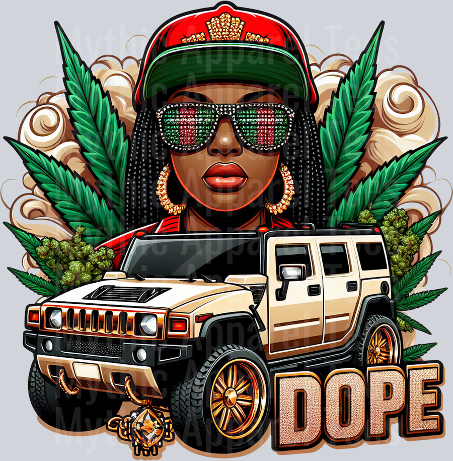 DOPE with Hummer and Girl floral colors weed plant DTF Weed Transfers
