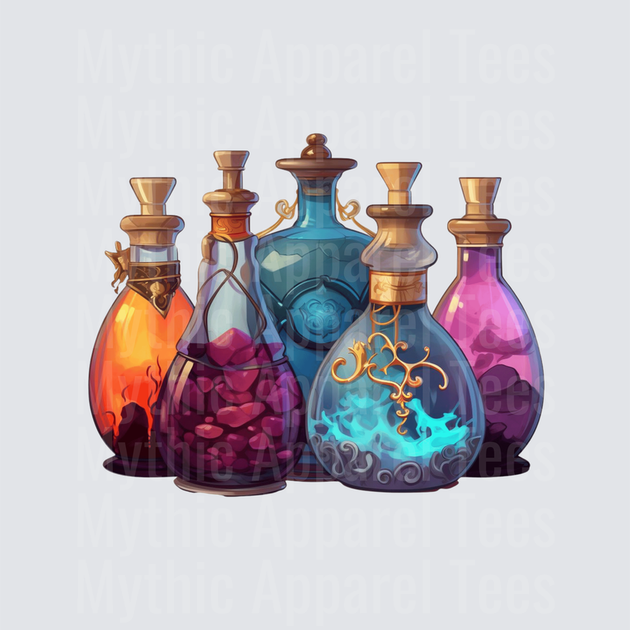 Fantasy RPG Magic Potion Bottles Collection with Cork Stoppers and Glowing Elixirs