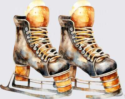 Ice Hockey Vintage Watercolor Skates Rustic Worn Pair