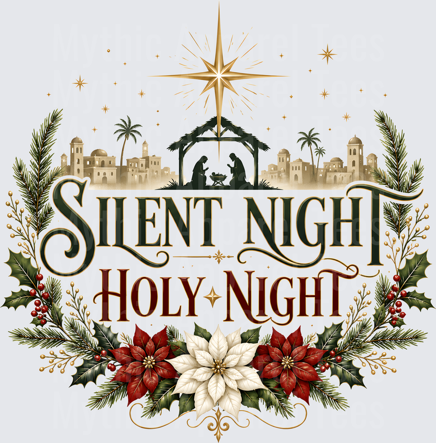 Silent Night Holy Night Nativity Scene with Star of Bethlehem Holly Poinsettia Wreath Christmas Religious Design